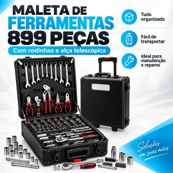 Maleta de Ferramentas 899 Peças com rodinhas e alça telescópica, aberta ao lado da maleta fechada, com os destaques: tudo organizado, fácil de transportar e ideal para manutenção e reparos. Soluções em suas mãos.