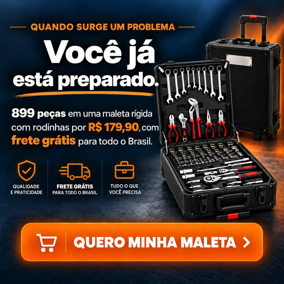 Quando surge um problema, você já está preparado. 899 peças em uma maleta rígida com rodinhas por R$ 179,90, com frete grátis para todo o Brasil. Qualidade e praticidade, frete grátis para todo o Brasil, tudo o que você precisa. Botão: Quero minha maleta